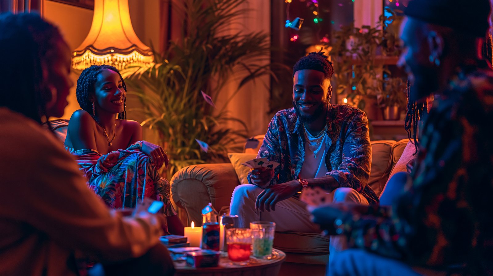Friends in a warm candlelit lounge