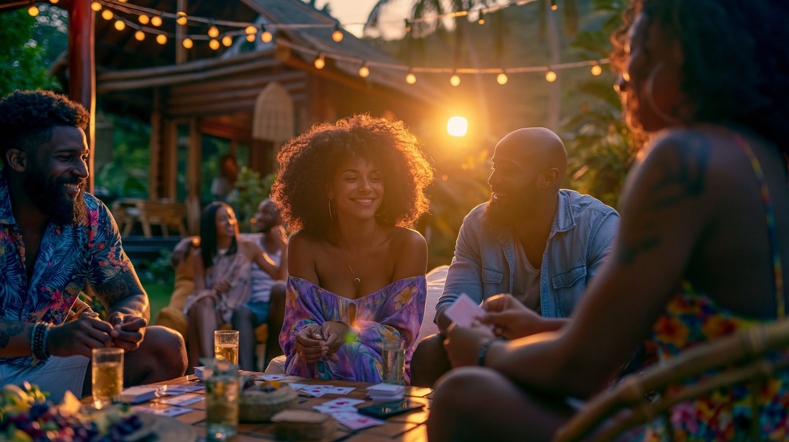 Friends playing games together at golden hour